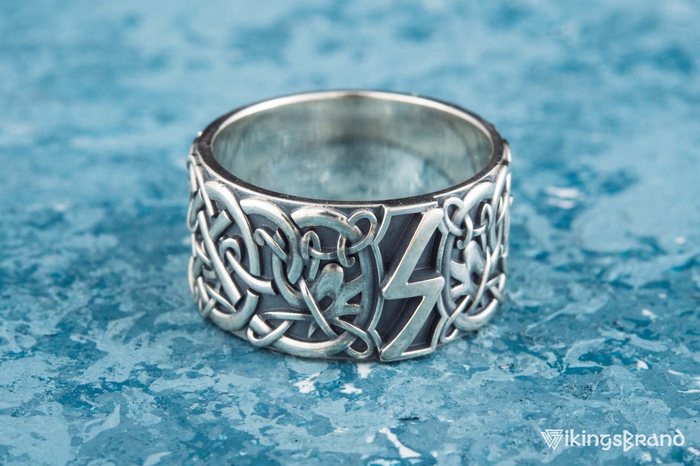 Vikings Ring with Sowelu Rune and Scandinavian Ornament Sterling Silver Viking Jewelry