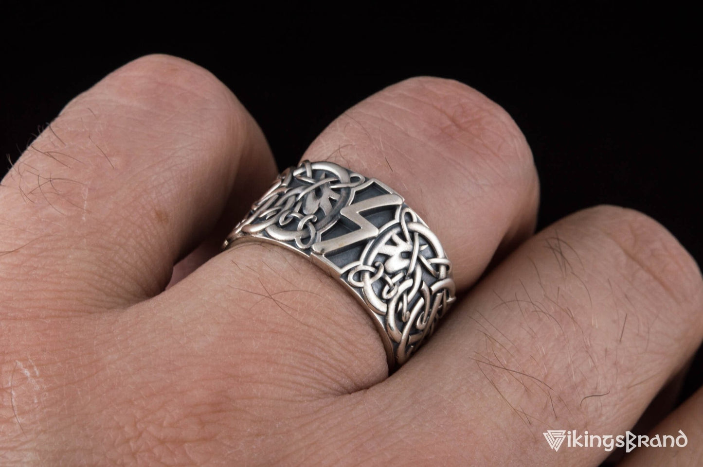 Vikings Ring with Sowelu Rune and Scandinavian Ornament Sterling Silver Viking Jewelry