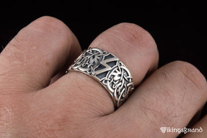 Vikings Ring with Sowelu Rune and Scandinavian Ornament Sterling Silver Viking Jewelry