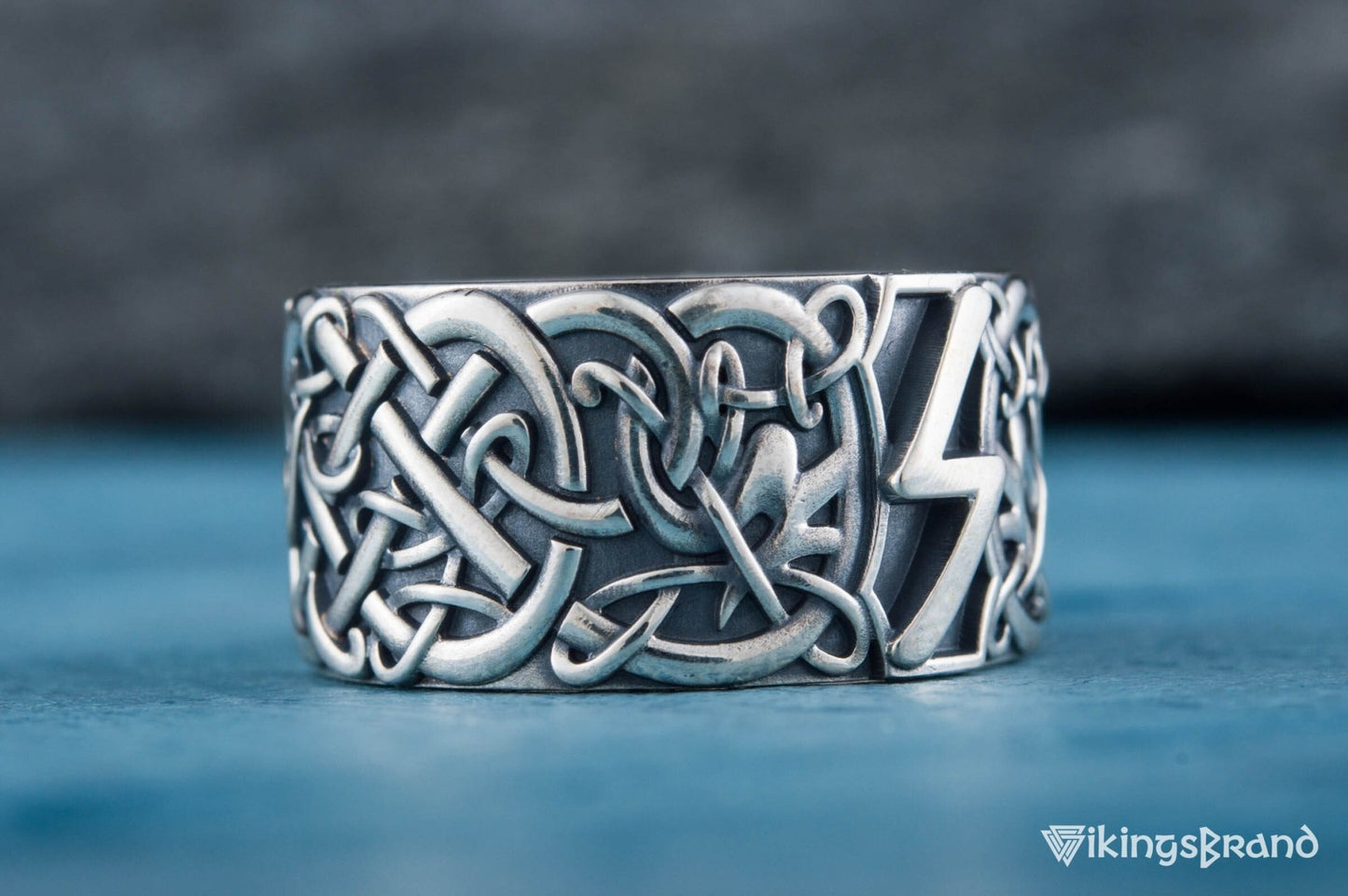 Vikings Ring with Sowelu Rune and Scandinavian Ornament Sterling Silver Viking Jewelry