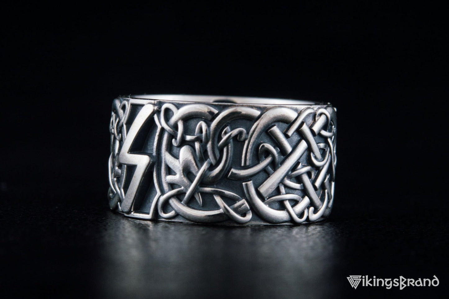 Vikings Ring with Sowelu Rune and Scandinavian Ornament Sterling Silver Viking Jewelry
