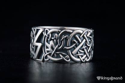 Vikings Ring with Sowelu Rune and Scandinavian Ornament Sterling Silver Viking Jewelry
