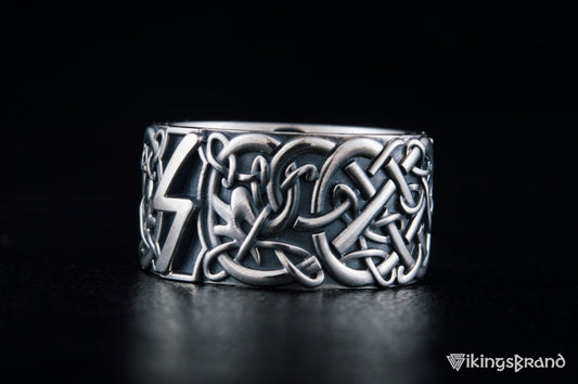 Vikings Ring with Sowelu Rune and Scandinavian Ornament Sterling Silver Viking Jewelry