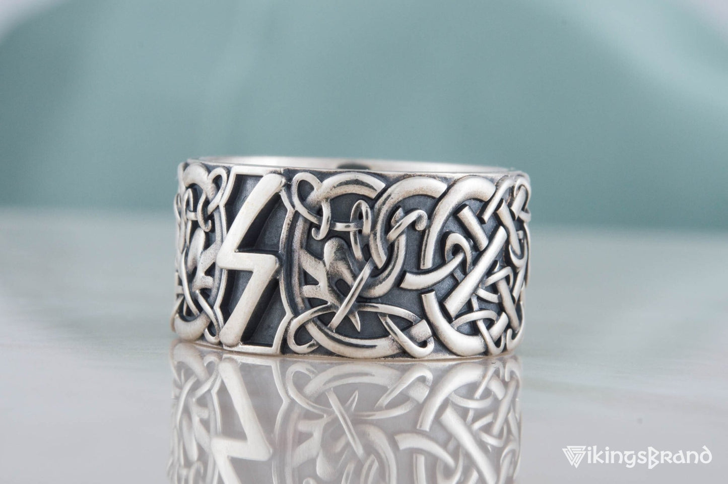 Vikings Ring with Sowelu Rune and Scandinavian Ornament Sterling Silver Viking Jewelry