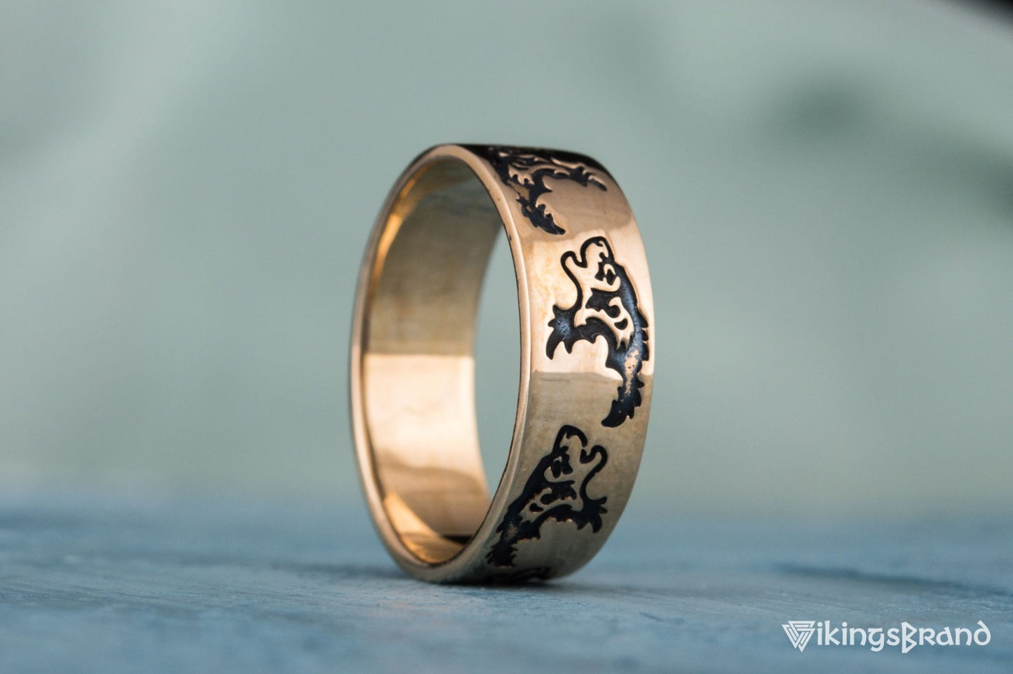 Vikings Ring with Wolf Ornament Handmade Bronze Norse Ring