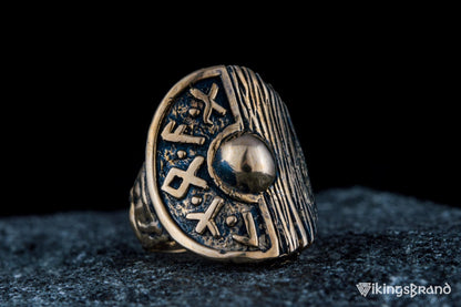 Vikings Shield With Runes and Wooden Texture Bronze Pagan Ring