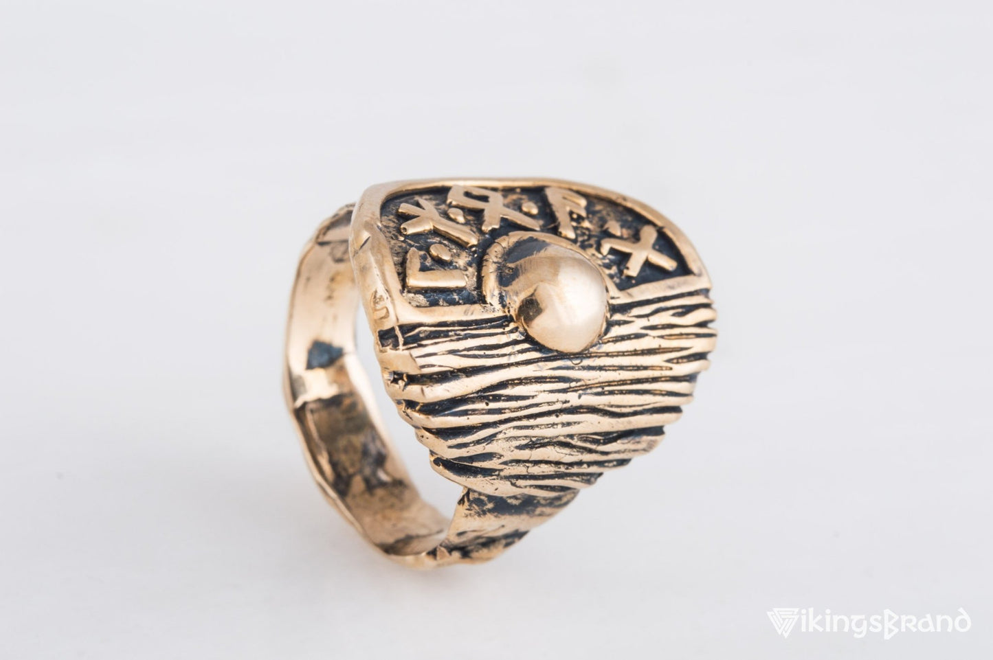Vikings Shield With Runes and Wooden Texture Bronze Pagan Ring