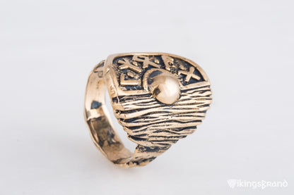 Vikings Shield With Runes and Wooden Texture Bronze Pagan Ring