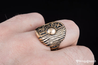 Vikings Shield With Runes and Wooden Texture Bronze Pagan Ring