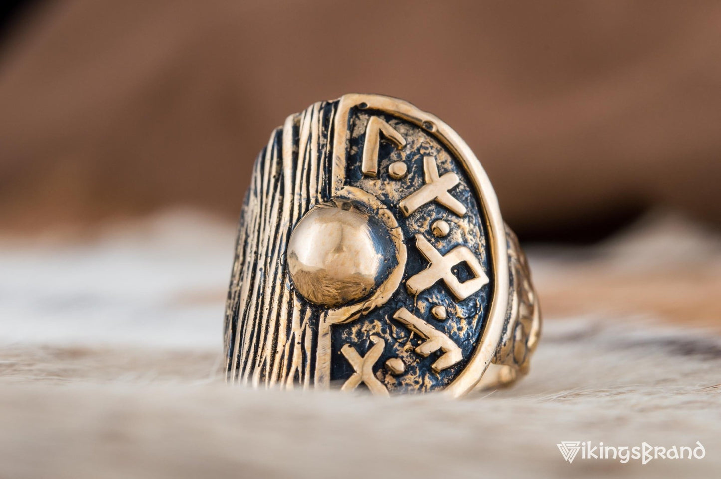 Vikings Shield With Runes and Wooden Texture Bronze Pagan Ring