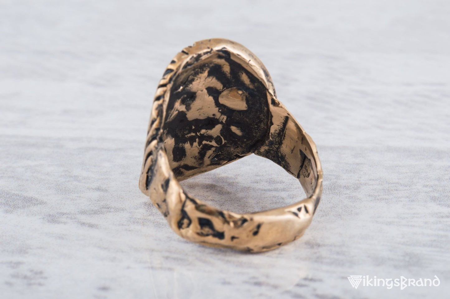 Vikings Shield With Runes and Wooden Texture Bronze Pagan Ring