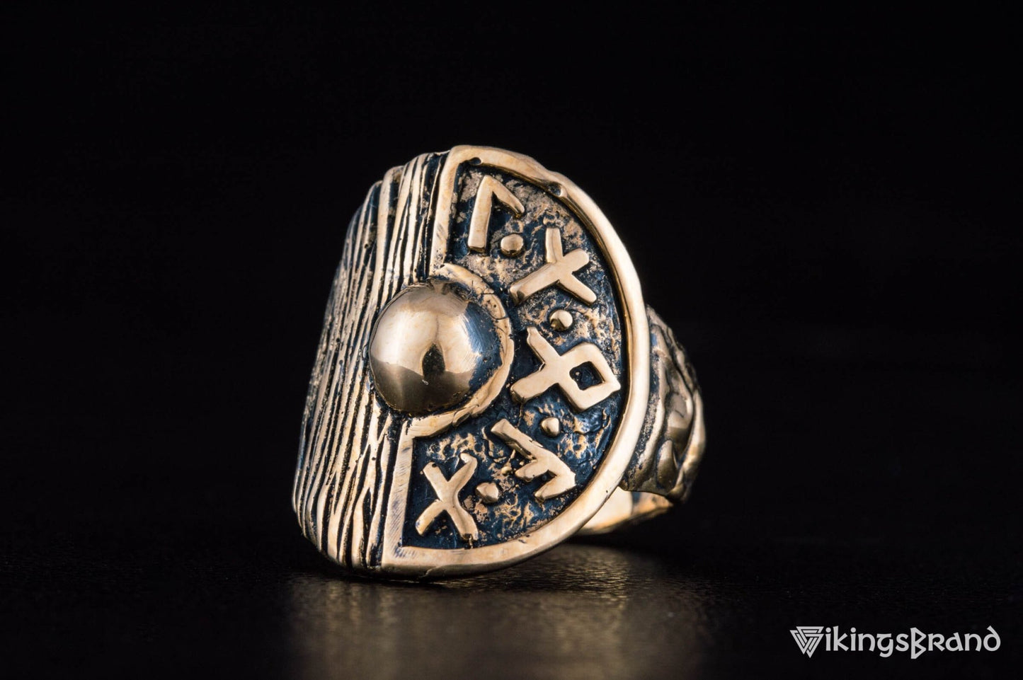 Vikings Shield With Runes and Wooden Texture Bronze Pagan Ring