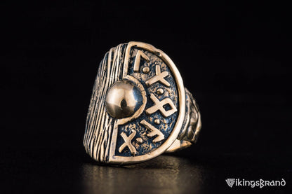 Vikings Shield With Runes and Wooden Texture Bronze Pagan Ring
