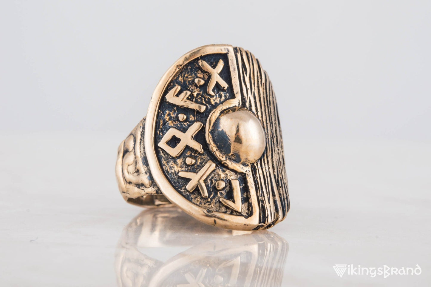 Vikings Shield With Runes and Wooden Texture Bronze Pagan Ring