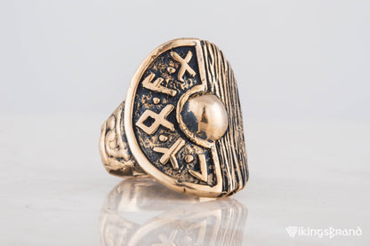 Vikings Shield With Runes and Wooden Texture Bronze Pagan Ring