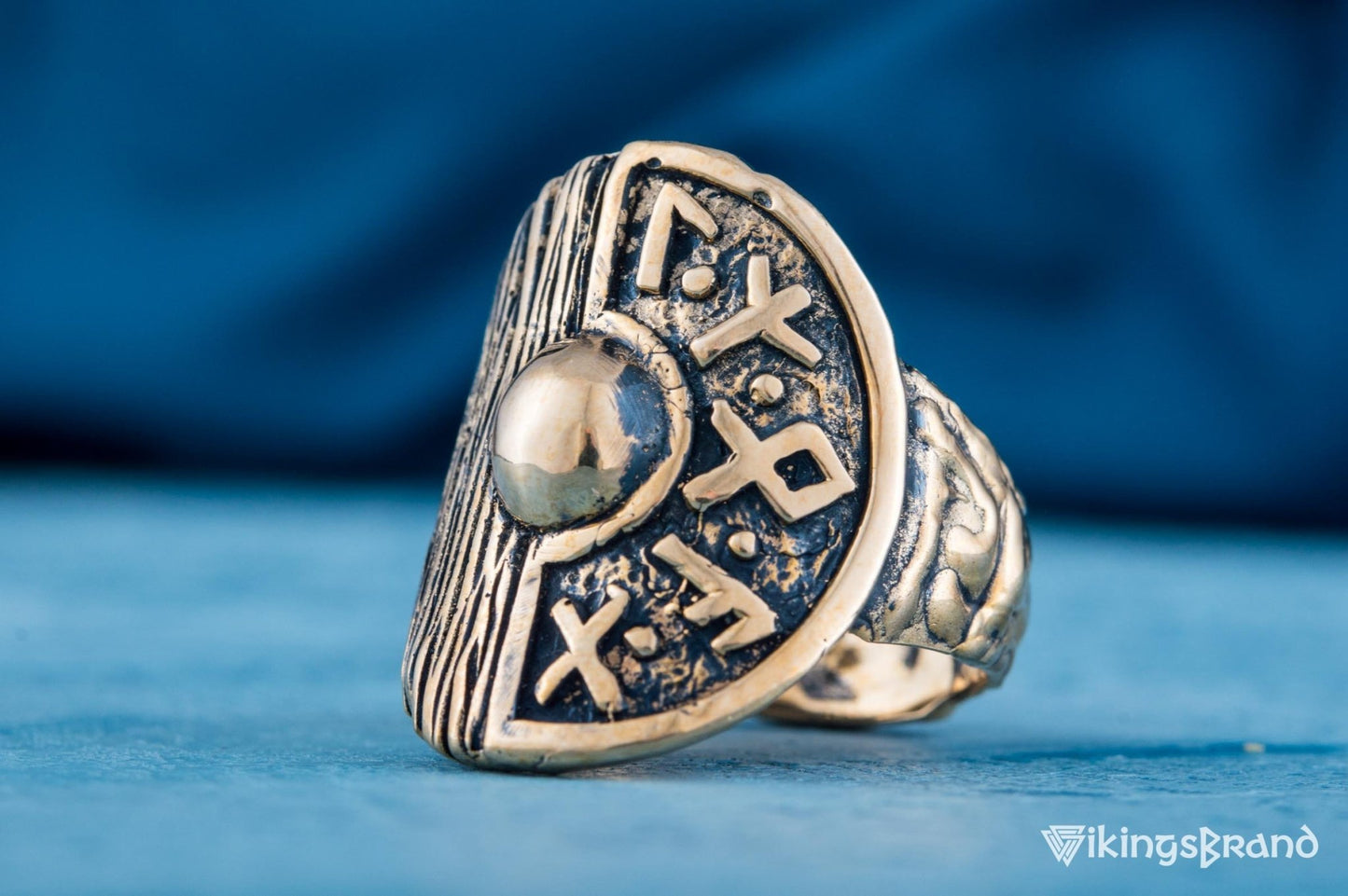 Vikings Shield With Runes and Wooden Texture Bronze Pagan Ring