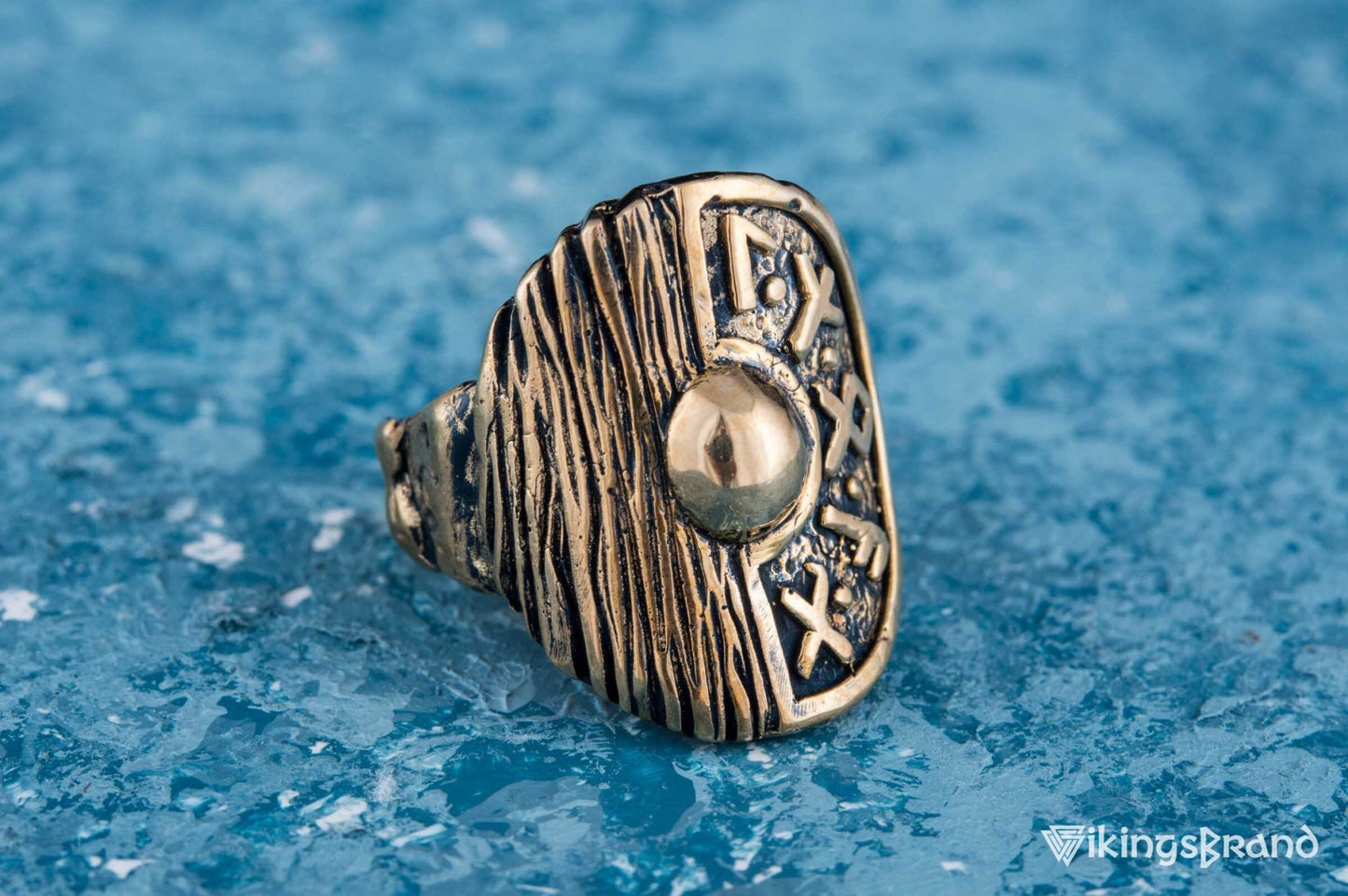 Vikings Shield With Runes and Wooden Texture Bronze Pagan Ring