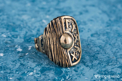 Vikings Shield With Runes and Wooden Texture Bronze Pagan Ring