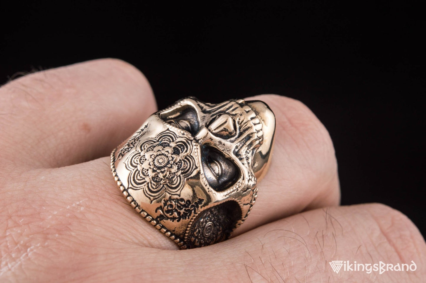 Vikings Skull Mask Ring with Ornament Bronze Unique Norse Jewelry