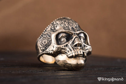 Vikings Skull Mask Ring with Ornament Bronze Unique Norse Jewelry