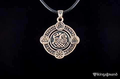Sleipnir Pendant with Norse Symbols – Bronze & Sterling Silver