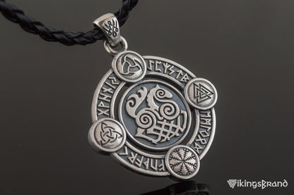 Vikings Sleipnir Pendant with Norse Symbols Sterling Silver Viking Jewelry