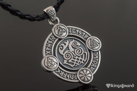 Vikings Sleipnir Pendant with Norse Symbols Sterling Silver Viking Jewelry