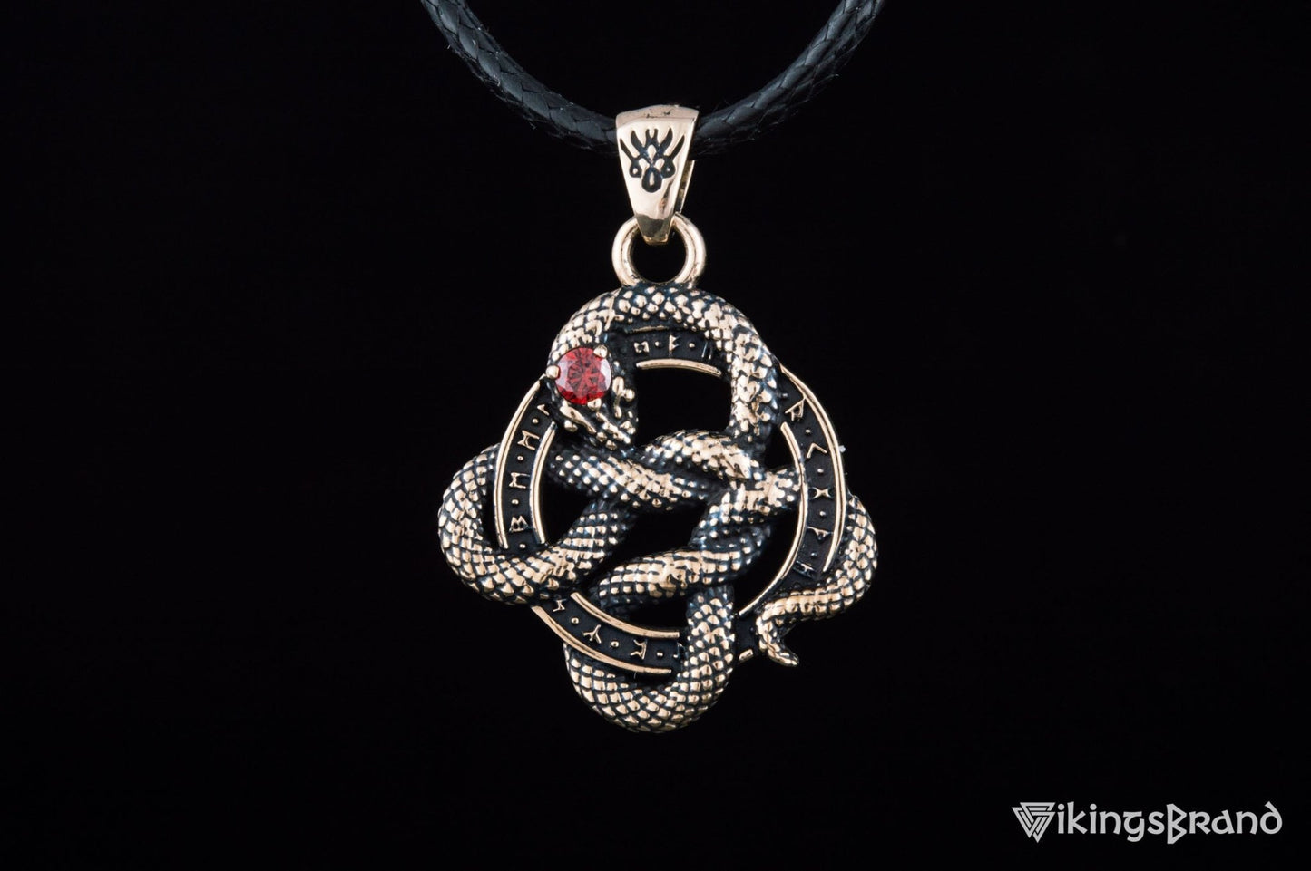 Vikings Snake Pendant with Runes and Red Cubic Zirconia Bronze Norse Jewelry