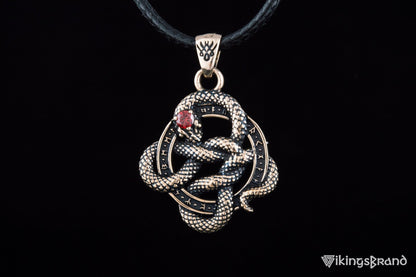 Vikings Snake Pendant with Runes and Red Cubic Zirconia Bronze Norse Jewelry