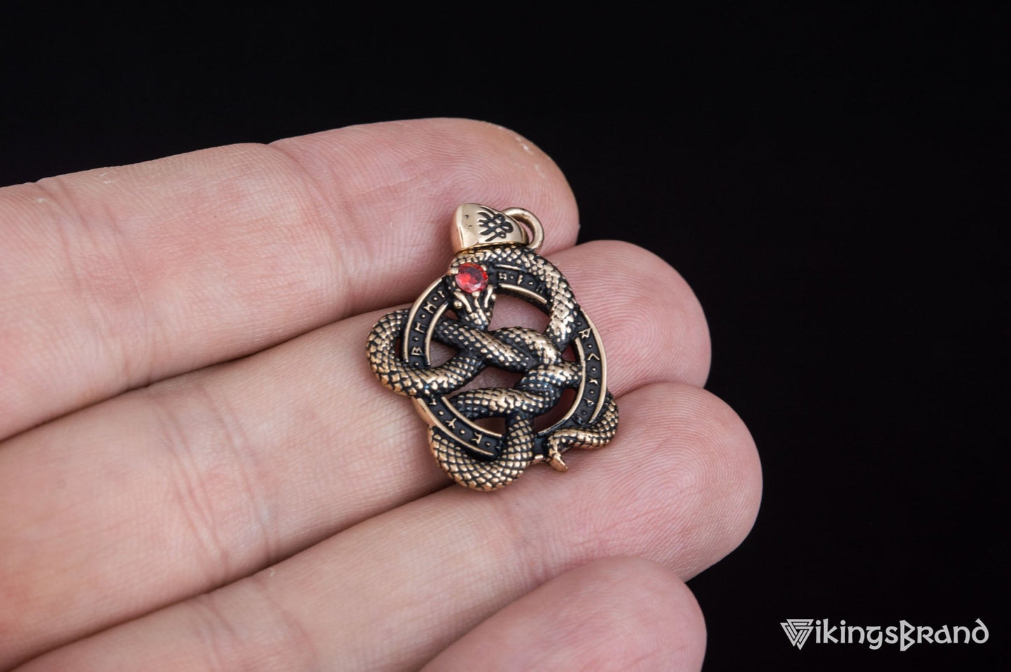Vikings Snake Pendant with Runes and Red Cubic Zirconia Bronze Norse Jewelry