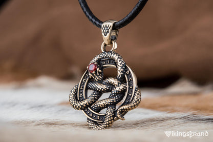 Vikings Snake Pendant with Runes and Red Cubic Zirconia Bronze Norse Jewelry