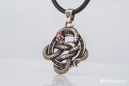 Vikings Snake Pendant with Runes and Red Cubic Zirconia Bronze Norse Jewelry
