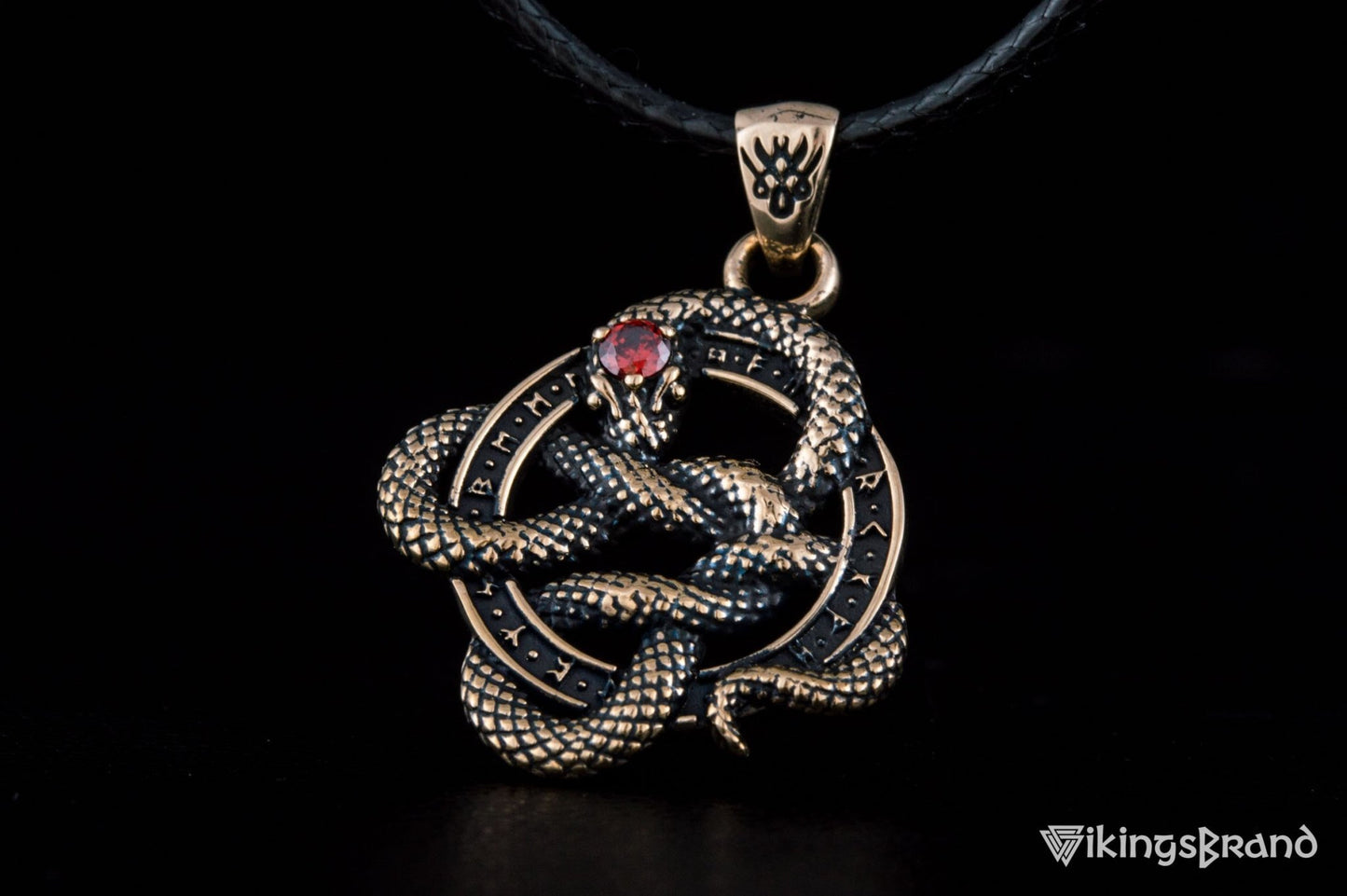 Vikings Snake Pendant with Runes and Red Cubic Zirconia Bronze Norse Jewelry