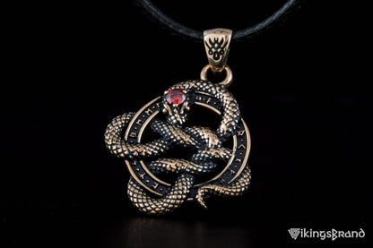 Vikings Snake Pendant with Runes and Red Cubic Zirconia Bronze Norse Jewelry