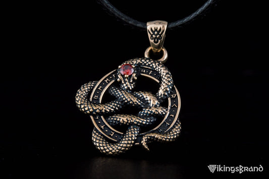 Vikings Snake Pendant with Runes and Red Cubic Zirconia Bronze Norse Jewelry