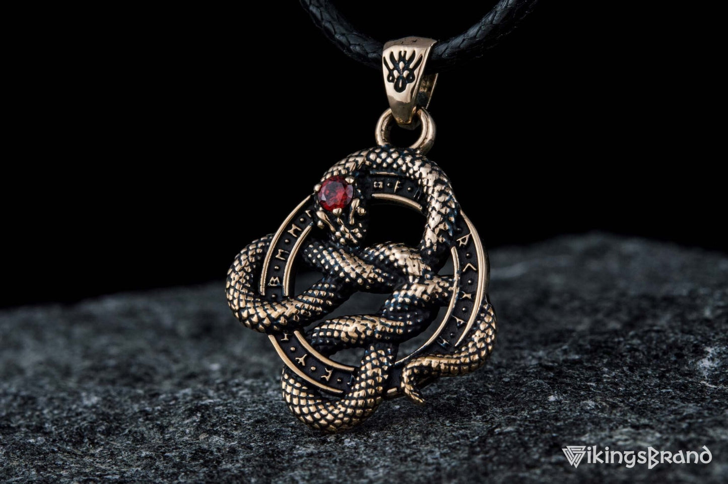 Vikings Snake Pendant with Runes and Red Cubic Zirconia Bronze Norse Jewelry
