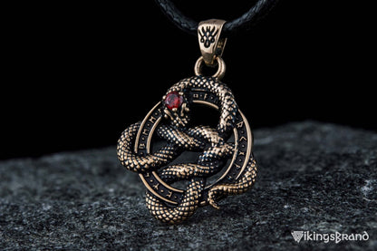 Vikings Snake Pendant with Runes and Red Cubic Zirconia Bronze Norse Jewelry