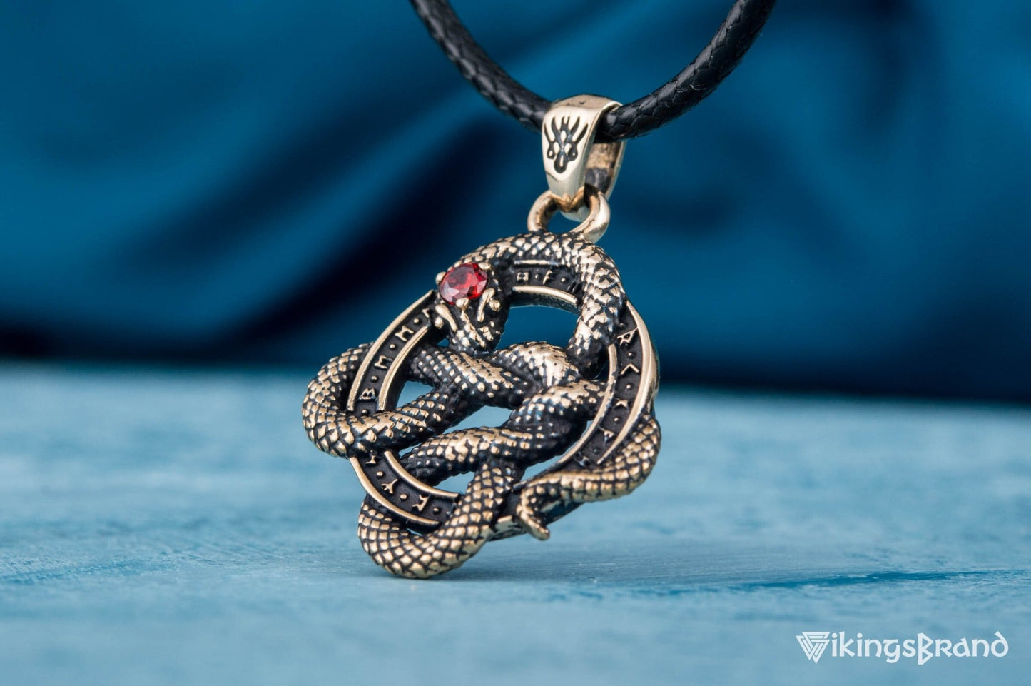 Vikings Snake Pendant with Runes and Red Cubic Zirconia Bronze Norse Jewelry