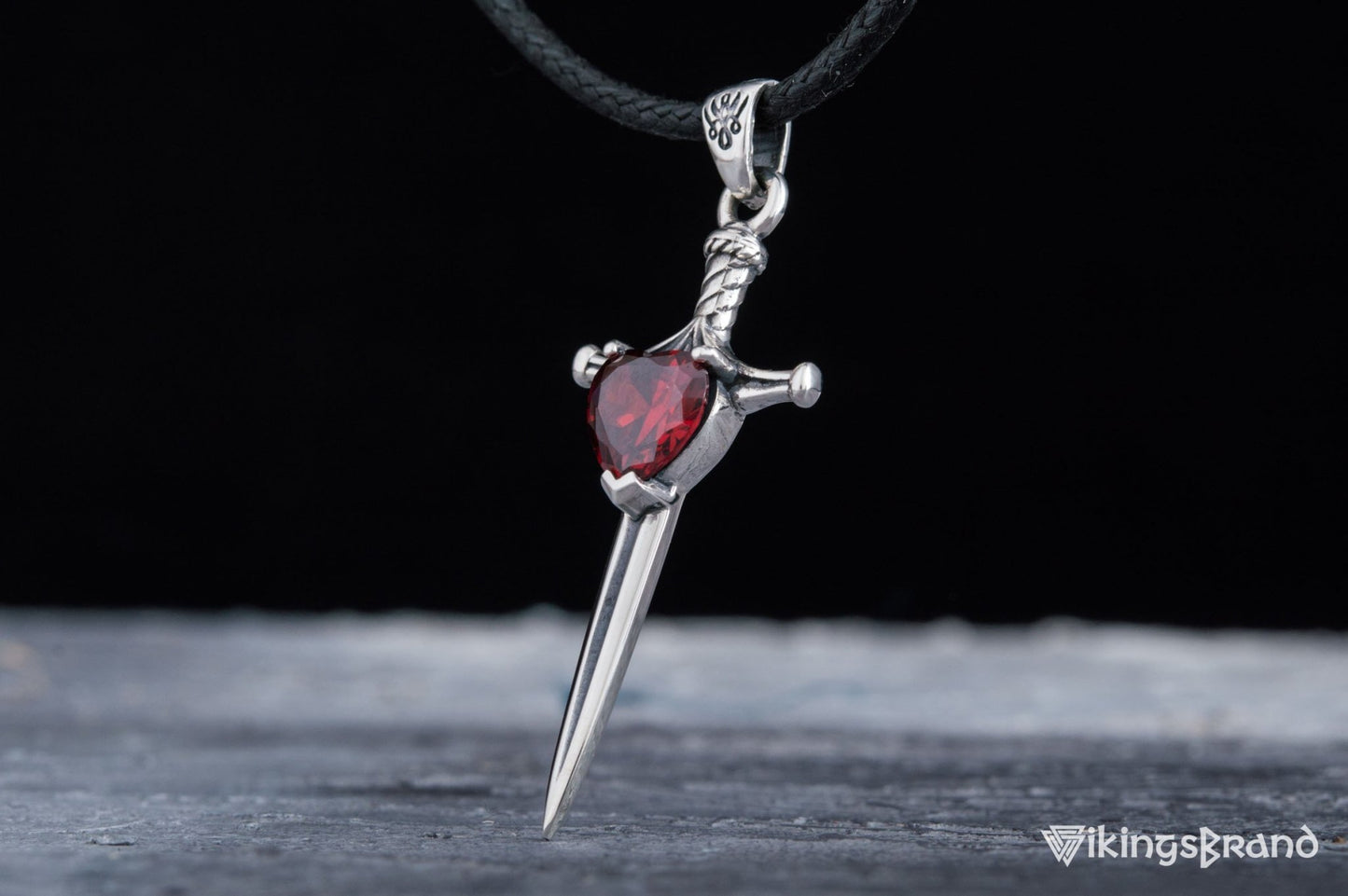 Vikings Stiletto Sword Pendant with Red Cubic Zirconia Sterling Silver Handmade Jewelry
