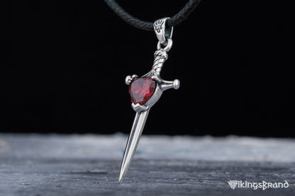 Vikings Stiletto Sword Pendant with Red Cubic Zirconia Sterling Silver Handmade Jewelry