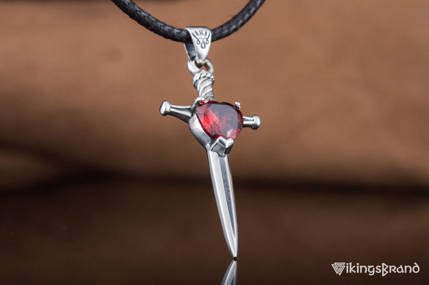 Vikings Stiletto Sword Pendant with Red Cubic Zirconia Sterling Silver Handmade Jewelry