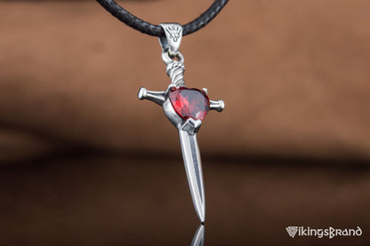 Vikings Stiletto Sword Pendant with Red Cubic Zirconia Sterling Silver Handmade Jewelry
