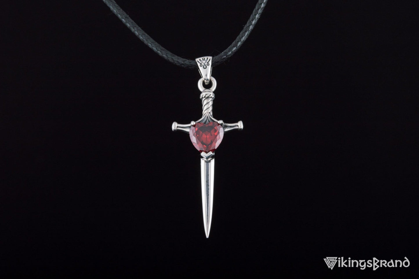 Vikings Stiletto Sword Pendant with Red Cubic Zirconia Sterling Silver Handmade Jewelry