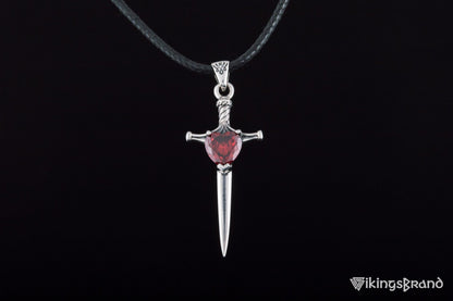 Vikings Stiletto Sword Pendant with Red Cubic Zirconia Sterling Silver Handmade Jewelry