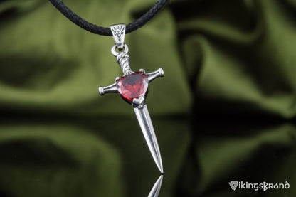 Vikings Stiletto Sword Pendant with Red Cubic Zirconia Sterling Silver Handmade Jewelry