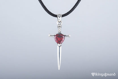 Vikings Stiletto Sword Pendant with Red Cubic Zirconia Sterling Silver Handmade Jewelry