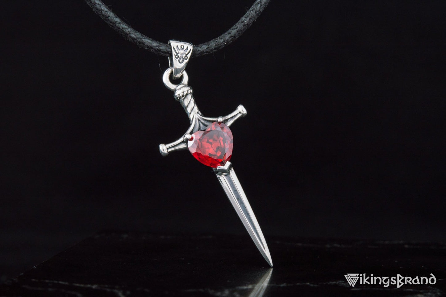 Vikings Stiletto Sword Pendant with Red Cubic Zirconia Sterling Silver Handmade Jewelry