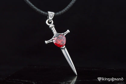 Vikings Stiletto Sword Pendant with Red Cubic Zirconia Sterling Silver Handmade Jewelry