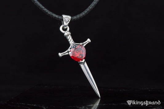 Vikings Stiletto Sword Pendant with Red Cubic Zirconia Sterling Silver Handmade Jewelry