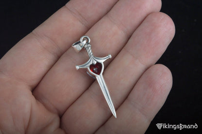 Vikings Stiletto Sword Pendant with Red Cubic Zirconia Sterling Silver Handmade Jewelry